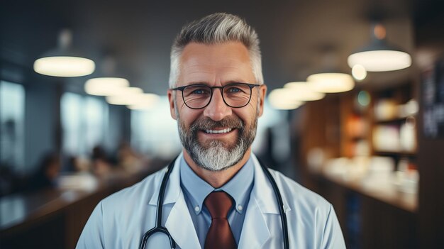 Multicultural doctor stethoscope diverse ethnicities hospital setting blurred background