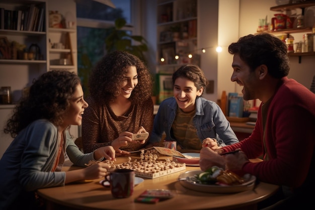 A multicultural family hosting a game night with a 00058 00