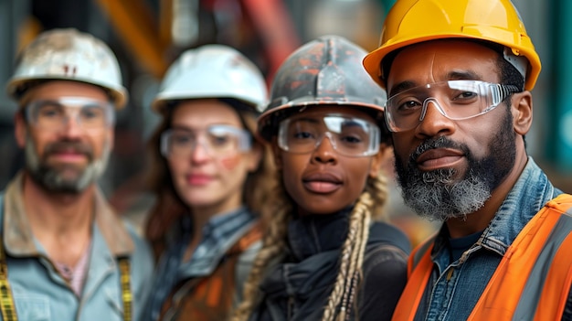 Multicultural group of Construction Workers Team with hardhats looking at camera at building site