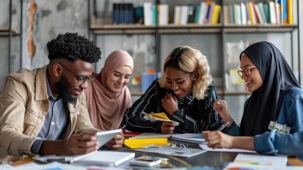 Photo multicultural group studying together with tech a vibrant scene of a diverse study group with