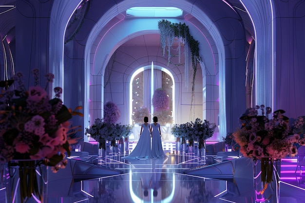 Photo multicultural wedding ceremony in a futuristic set