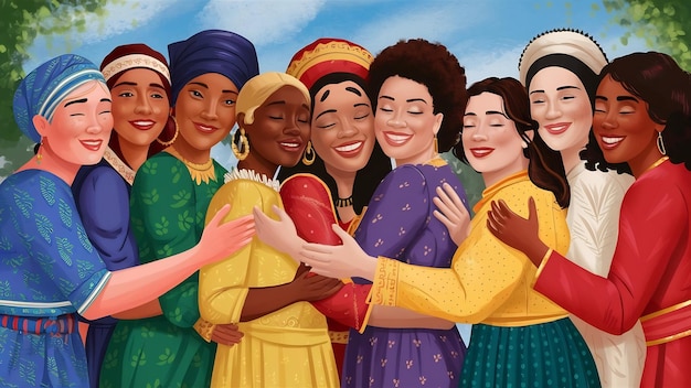 Multicultural women hugging medium shot