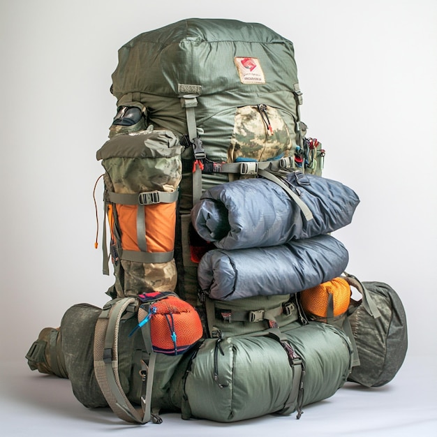 Multiday trekking backpack with adjustable straps and a tent attached