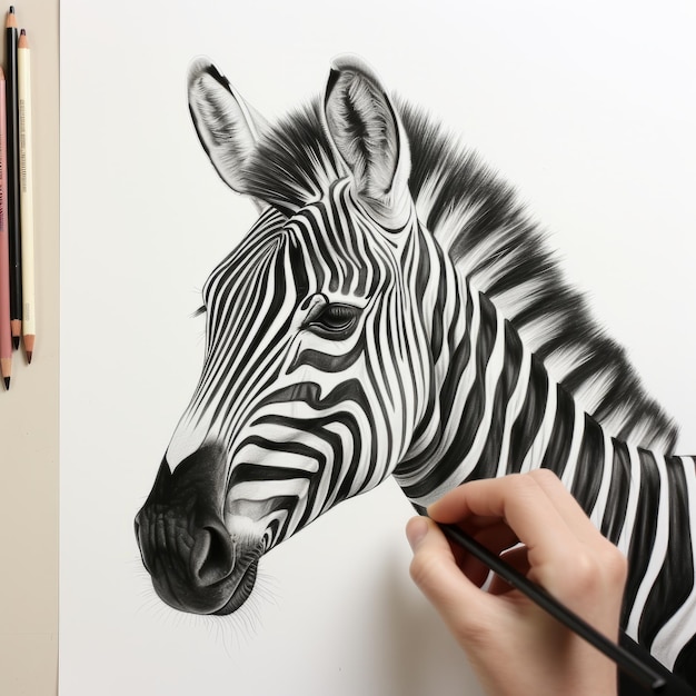 Photo multidimensional shading drawing a zebra head with pencils