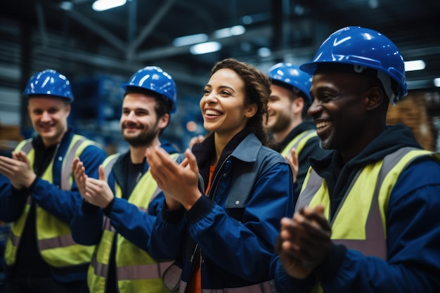 Multiethnic engineering team clapping and cheering in factory