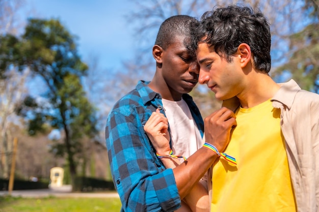 Multiethnic gay male couple on a romantic walk in the park lgbt concept