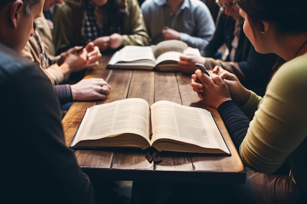 Photo multiethnic group of people praying together at a wooden table