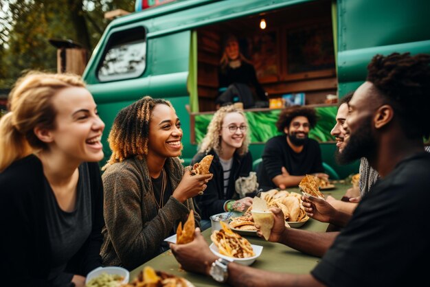 Photo multiethnic group of people socializing while eating outdoor