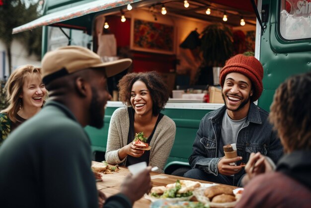 Photo multiethnic group of people socializing while eating outdoor