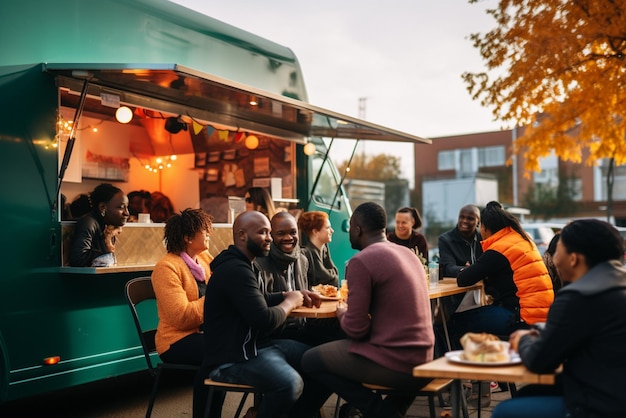 Photo multiethnic group of people socializing while eating outdoor