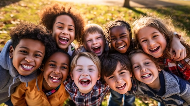 Multiethnic group of school children laughing and playing in park background for children's day Generative ai