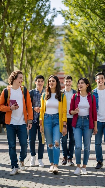 Multiethnic group of young cheerful students walking