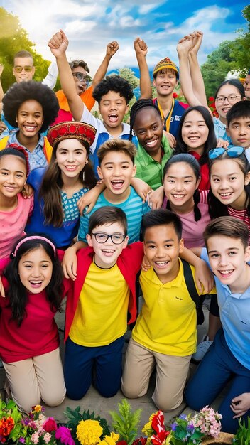 Multiethnic group of young happy students standing outdoors