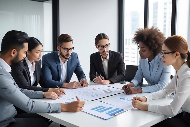 Multiethnic professional busy employees and executives board team people at group meeting discussing work results managing company project plan working together in modern board room office