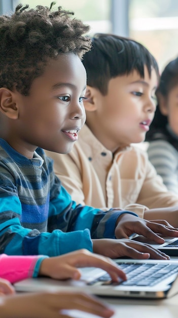 Multiethnic school kids using computer in classroom