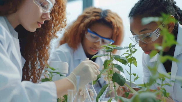 Multiethnic students analyzing plant experiment in school lab Group of high school students in science laboratory understanding the study of roots