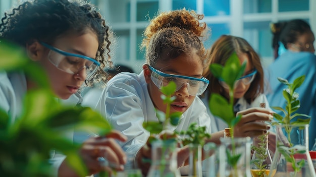 Multiethnic students analyzing plant experiment in school lab Group of high school students in science laboratory understanding the study of roots