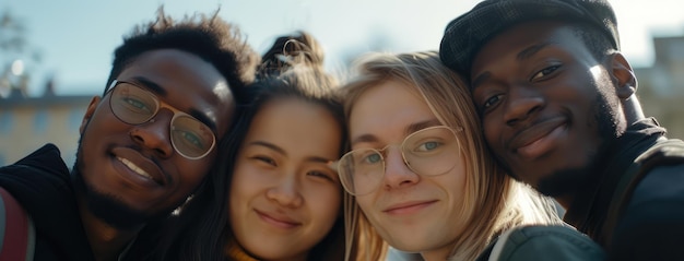 Photo multiethnic young adults taking group selfie