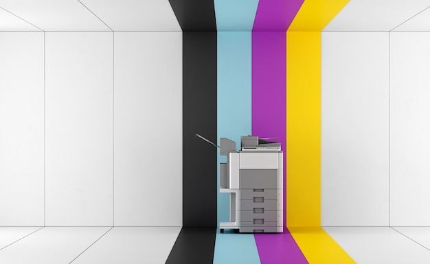 Multifunction printer in a room with colorful wall