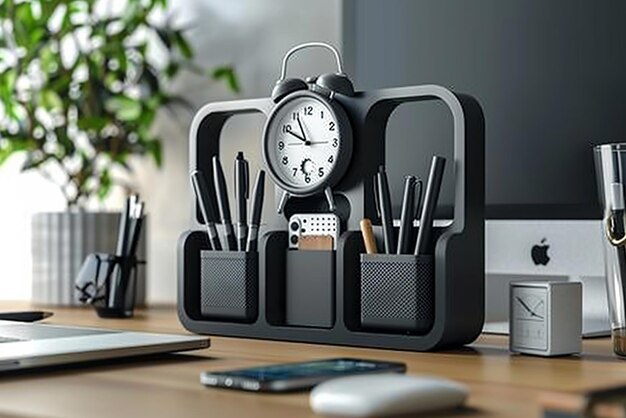 Photo multifunctional desk pen holder with integrated clock