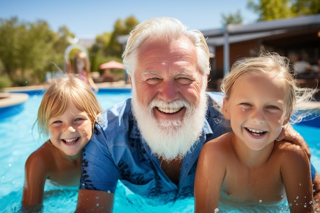 Multigeneration family enjoying summer pool time together in backyard during vacation