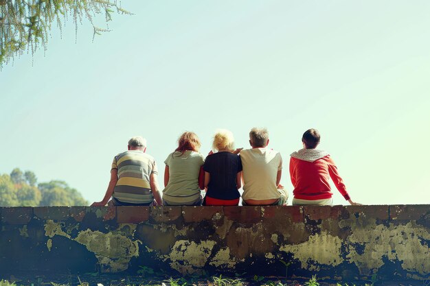 Multigeneration family relaxing on retaining wall Rear view of multigeneration family relaxing in