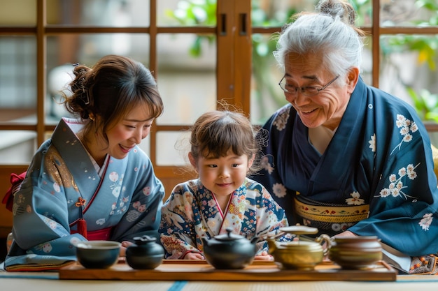 Multigenerational Japanese Family Enjoying Traditional Meal in Kimono Garments