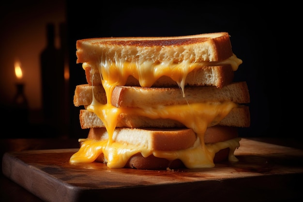 a multilayered grilled cheese sandwich with goldenbrown toasted bread and oozy melted cheese