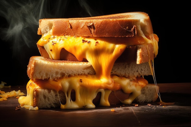 a multilayered grilled cheese sandwich with goldenbrown toasted bread and oozy melted cheese