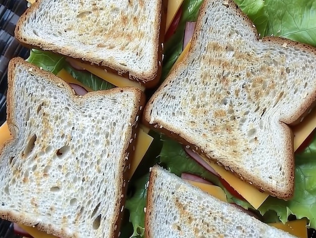 Photo multilayered sandwich featuring cheese ham tomatoes and lettuce creating a delicious combination of