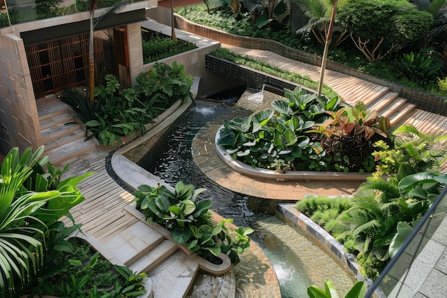 Multilevel terraces with abundant greenery and a flowing waterfall creating a serene atmosphere Multilevel terraces with lush greenery and water features