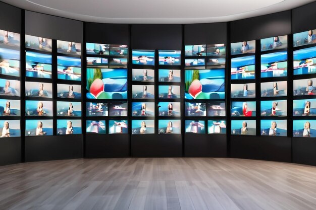 Photo multimedia video wall television broadcast multiple television screens with remote control