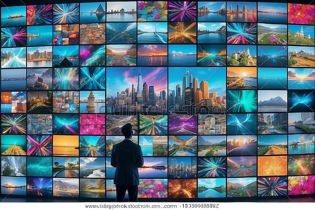 Photo multimedia video wall with pictures on various tv screens monitor program broadcasting bright colorful multicolored technology display media communication background generative ai