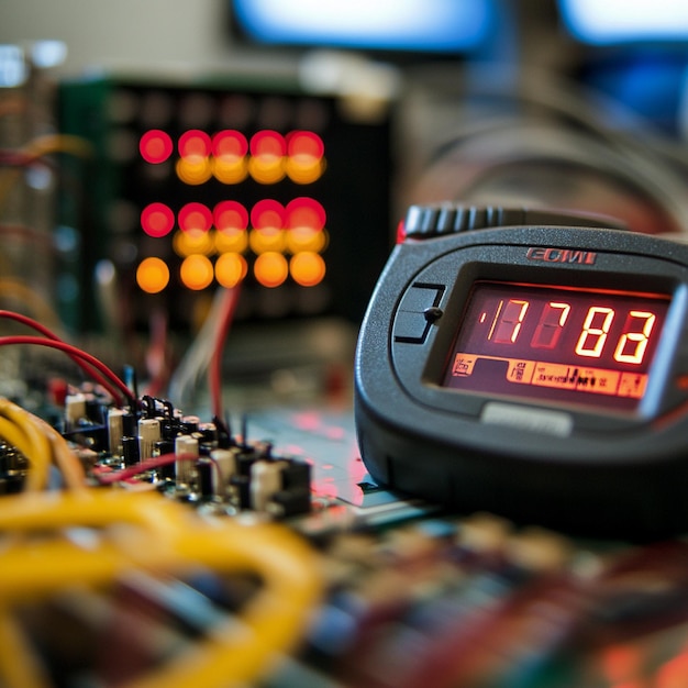 A multimeter displaying voltage readings during a circuit test