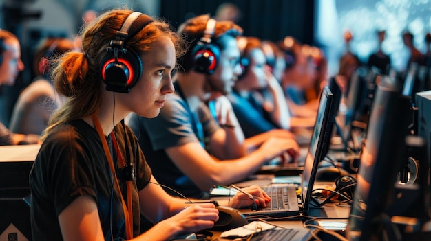 Multinational team using simultaneous translation devices at a conference