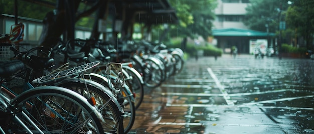 Multiple bicycles are neatly arranged under a shelter on a rainy day reflecting a serene urban lifestyle