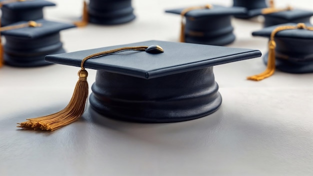 Multiple black graduation caps with golden tassels lined up on a surface symbolizing wisdom