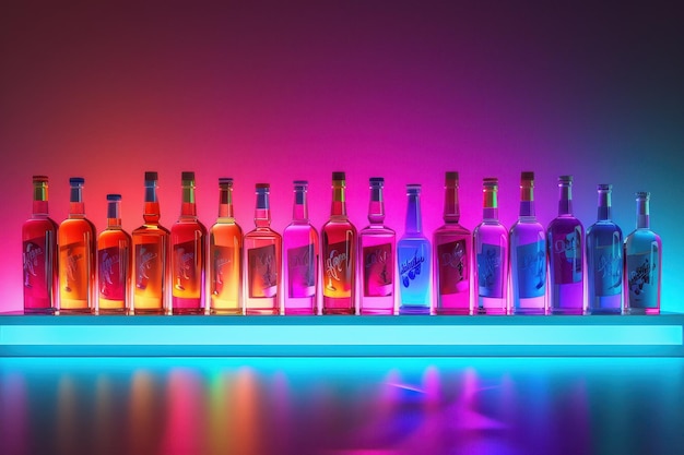 Photo multiple bottles of alcohol arranged with artificial light