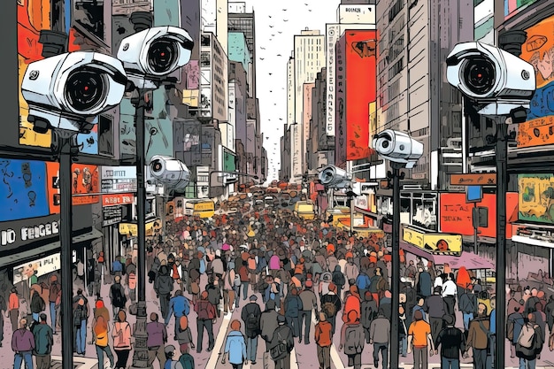 Multiple cctv cameras monitoring a vibrant city street mass surveillance concept Generative AI digital illustration