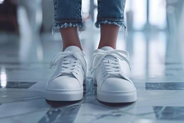 Multiple close up shots of model in white sneakers