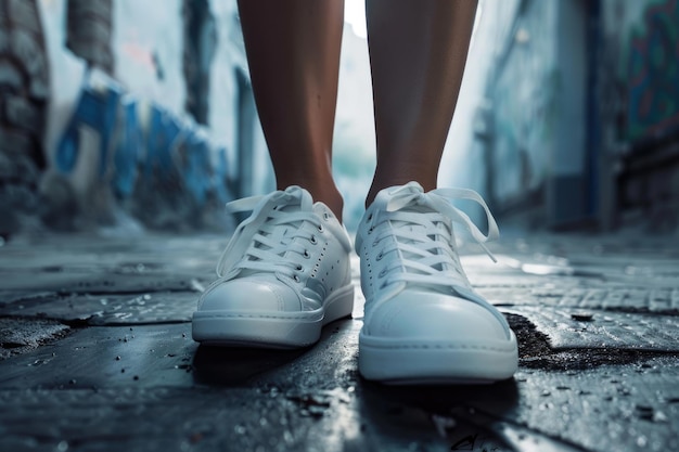 Multiple close up shots of model in white sneakers