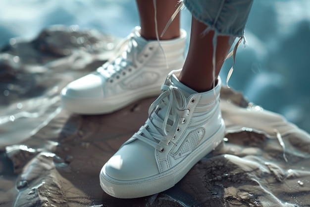 Multiple close up shots of model in white sneakers