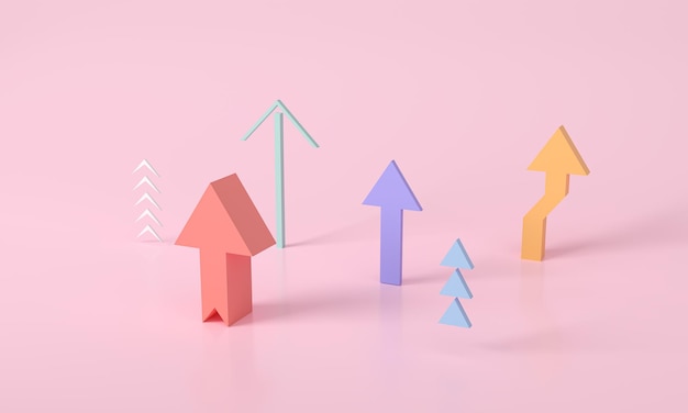 Multiple colorful Arrow growth success 3d rendering progress way and forward achievement Abstract Arrows Set Isolated on pinkred Background 3D Shapes Collection minimal creative concept