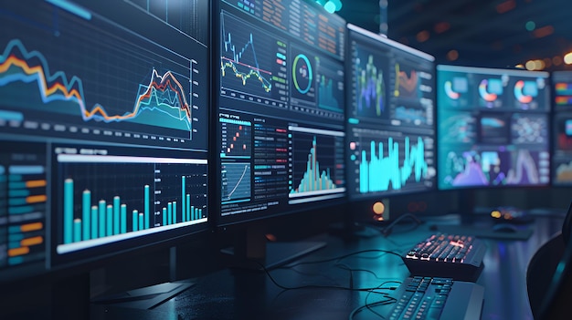 Multiple computer monitors display various graphs and charts showing financial data A keyboard and mouse sit on the desk illuminated with blue light