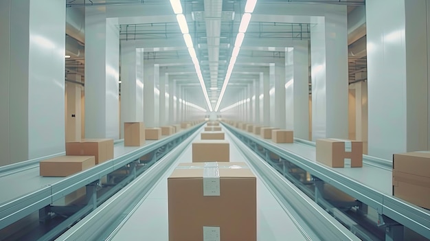 Multiple conveyor belts with boxes in a modern distribution warehouse