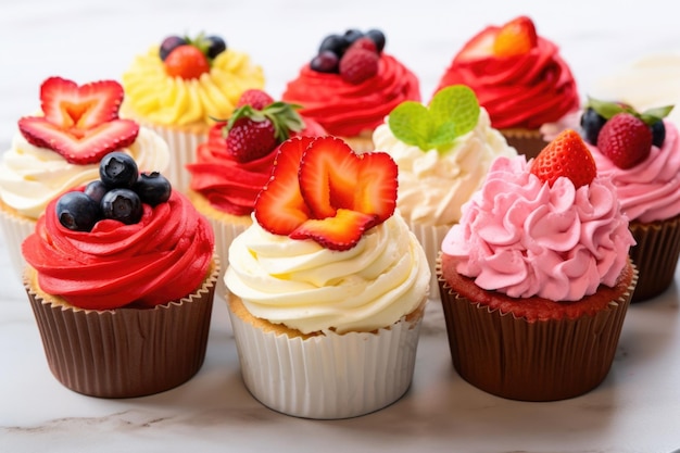 Multiple cupcakes decorated with various types of fruit slices