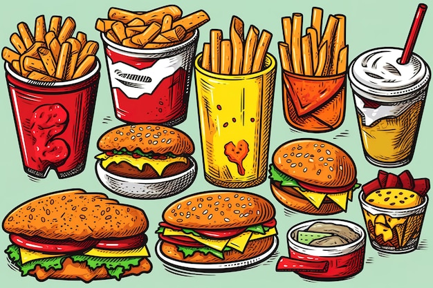 Multiple Cute fast food themed vector stickers