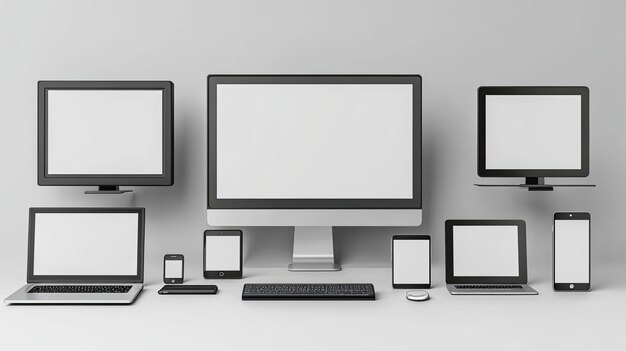 Photo multiple devices with blank screens arranged on a white surface