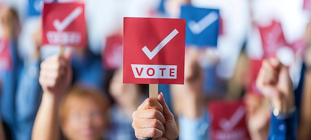 Multiple diverse hands holding VOTE signs with check marks advocating for participation Collective display of democratic rights Concept of elections unity suffrage civic engagement Banner