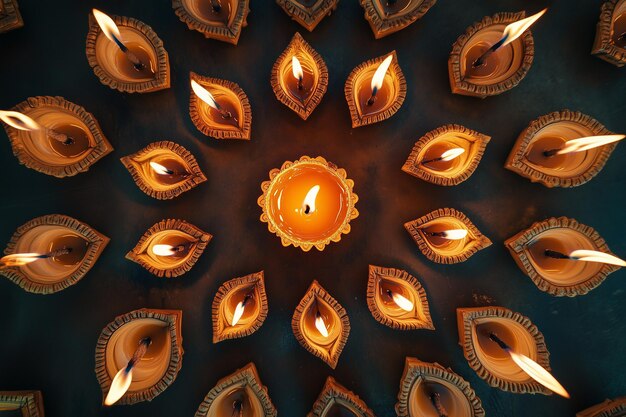 Photo multiple diyas arranged in a symmetrical pattern flames creating a happy diwali festival background